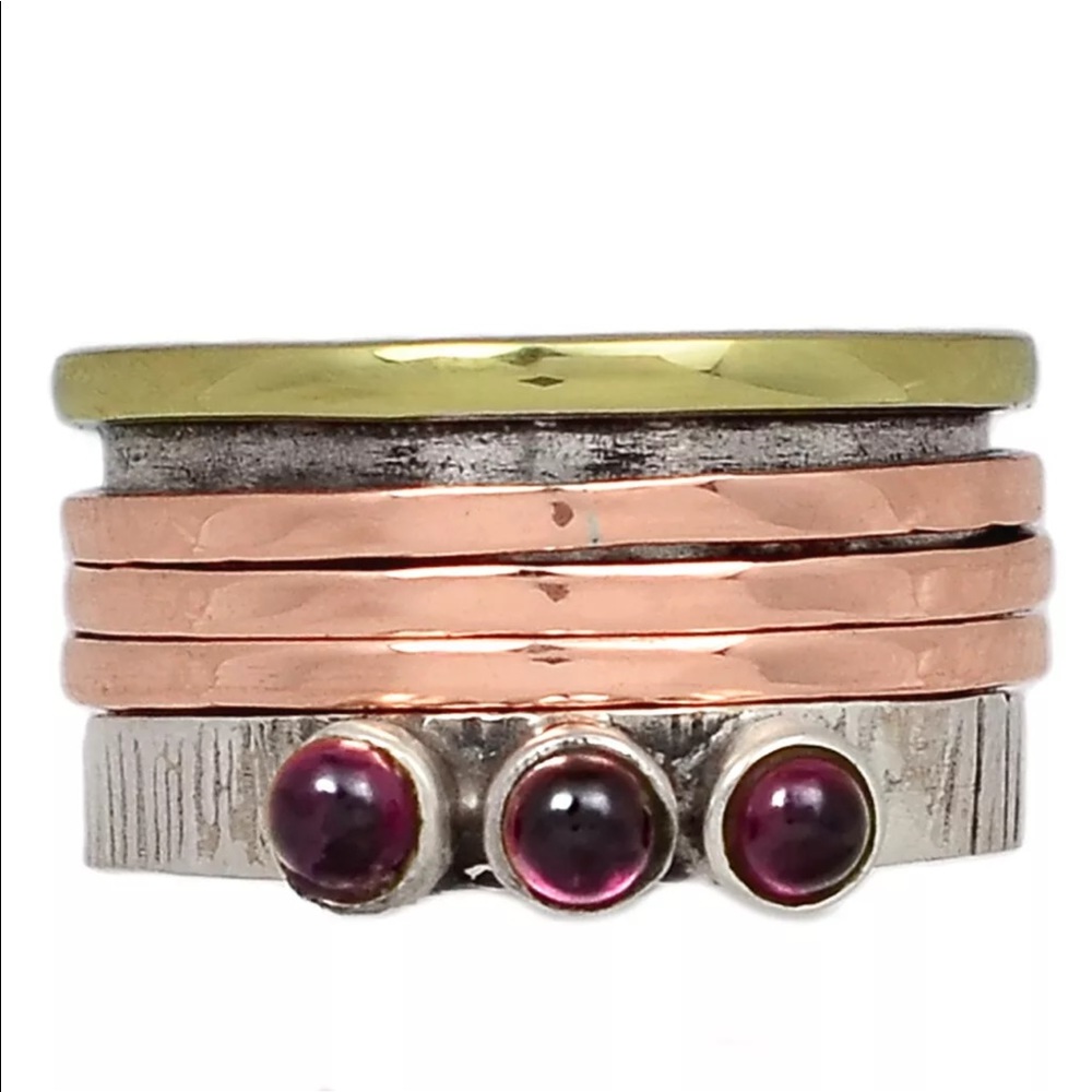 BOUTIQUE 2-TONE GARNET SPIN 925 SILVER RING SZ 7.5
